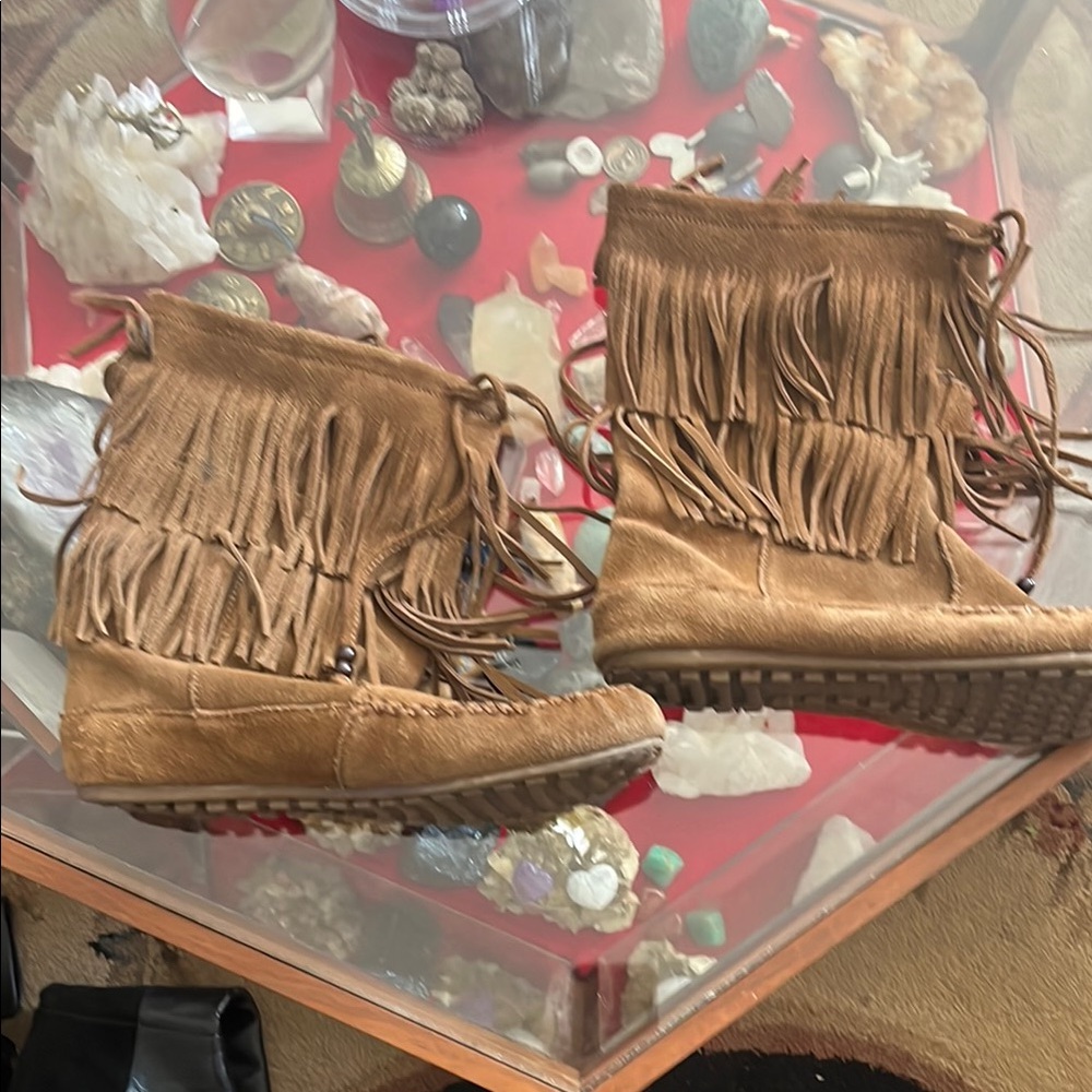 Minnetonka Tan Ankle Booties with Fringe